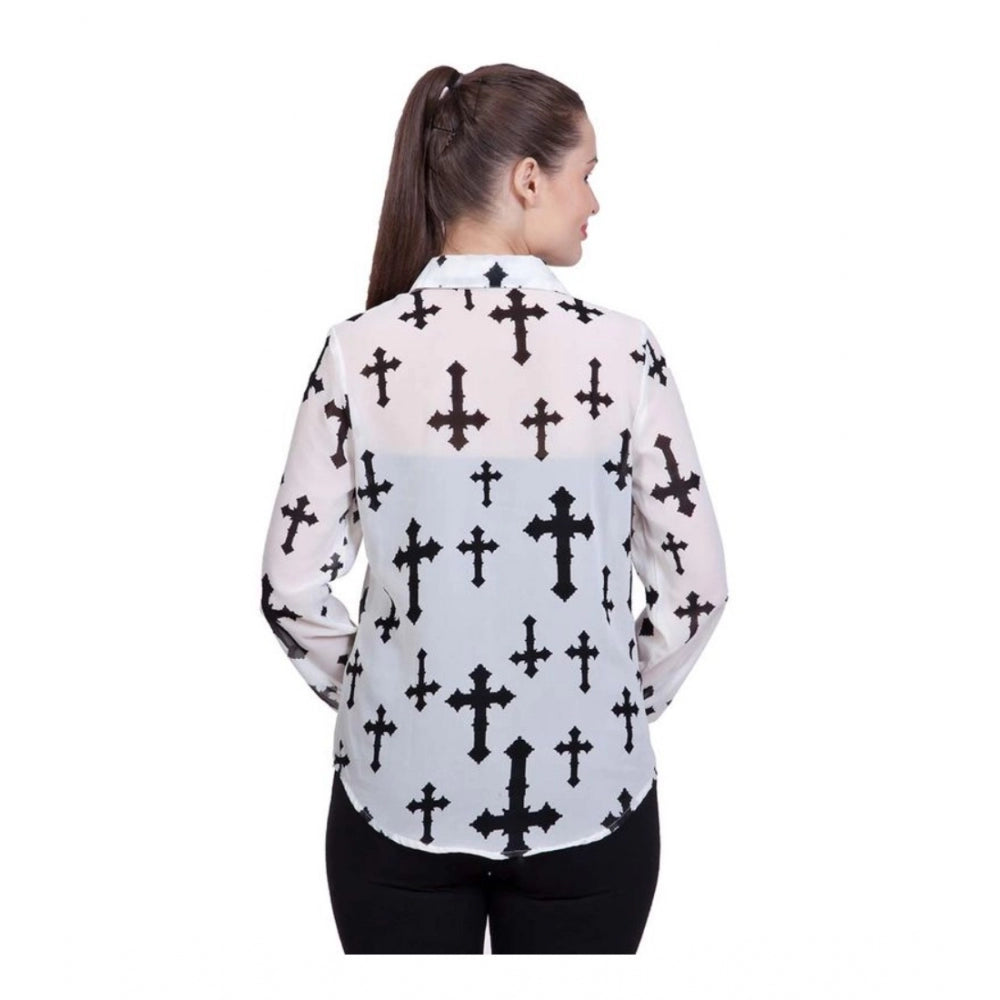 Amfyn Women's Polyester Printed Long Sleeves Standard Length Shirt (White)