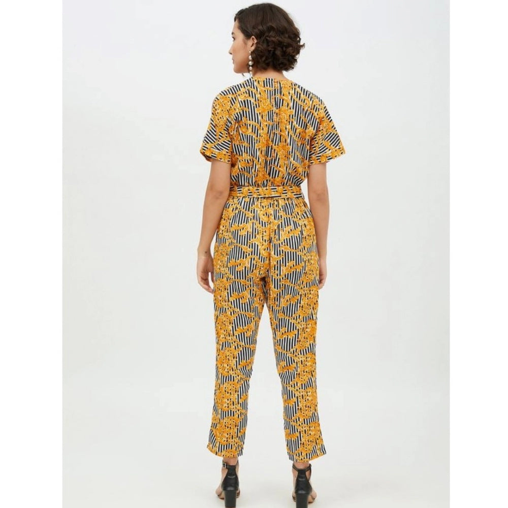 Amfyn Women's Polyester Printed Half Sleeve Long Jumpsuit (Yellow)
