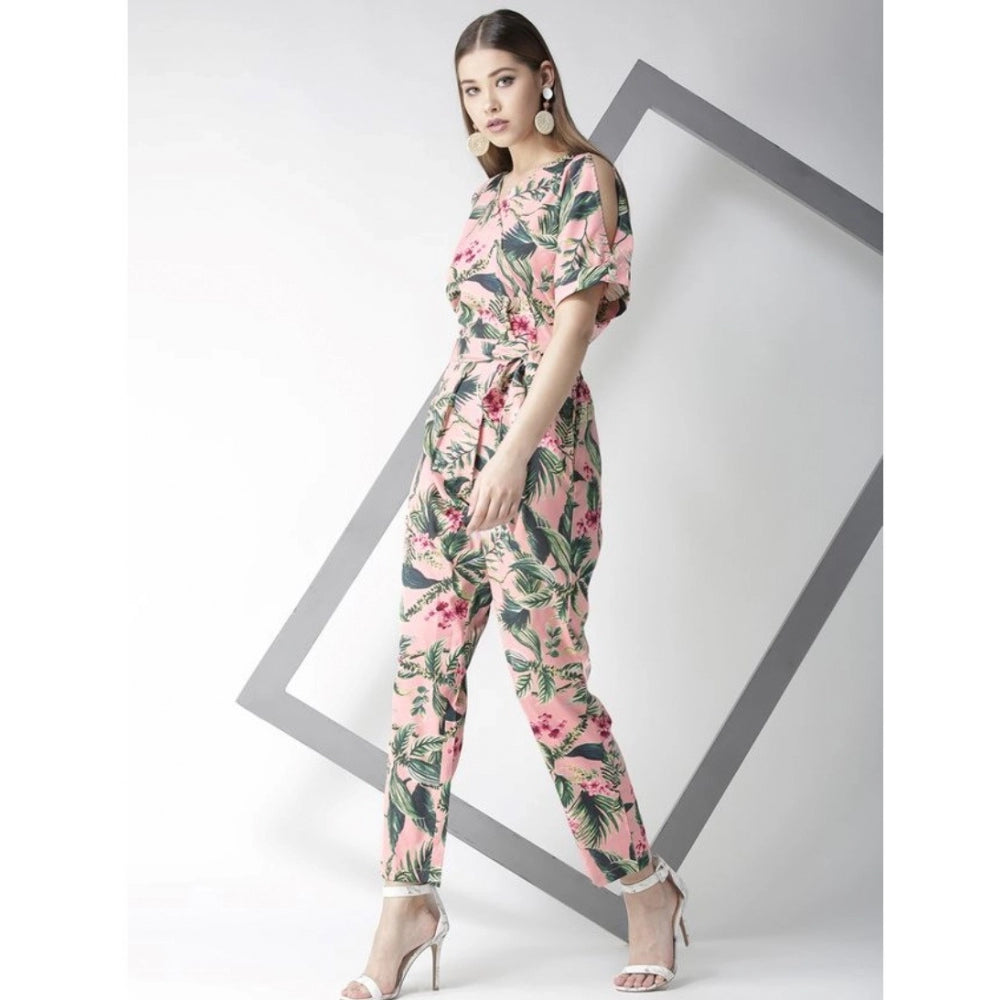 Amfyn Women's Polyester Floral Half Sleeve Jumpsuit (Pink)
