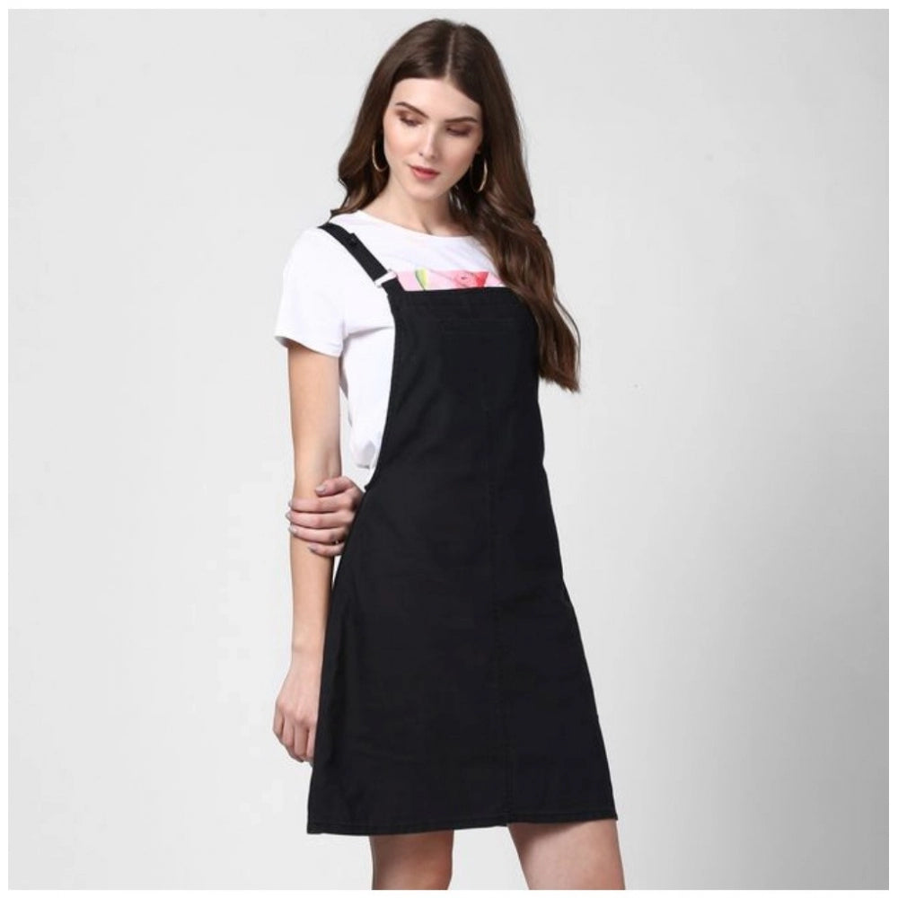 Amfyn Women's Denim Solid Shoulder Straps Above Knee Dungaree (Black)