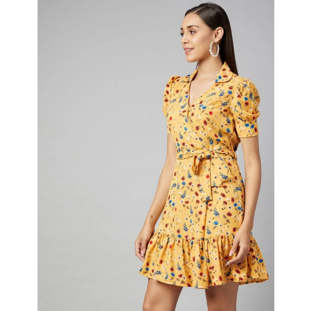 Amfyn Women's Polyester Floral Short Sleeve Above Knee Dress (Yellow)