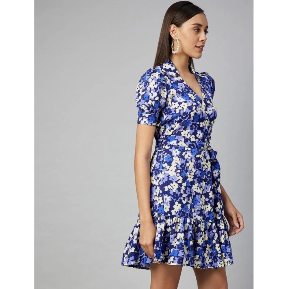 Amfyn Women's Polyester Floral Short Sleeve Above Knee Dress (Blue - Purple)