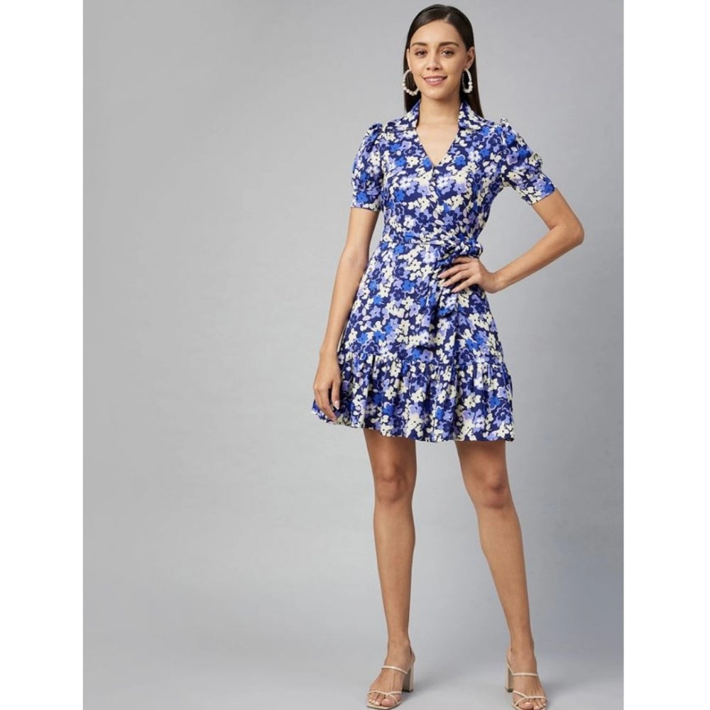 Amfyn Women's Polyester Floral Short Sleeve Above Knee Dress (Blue - Purple)