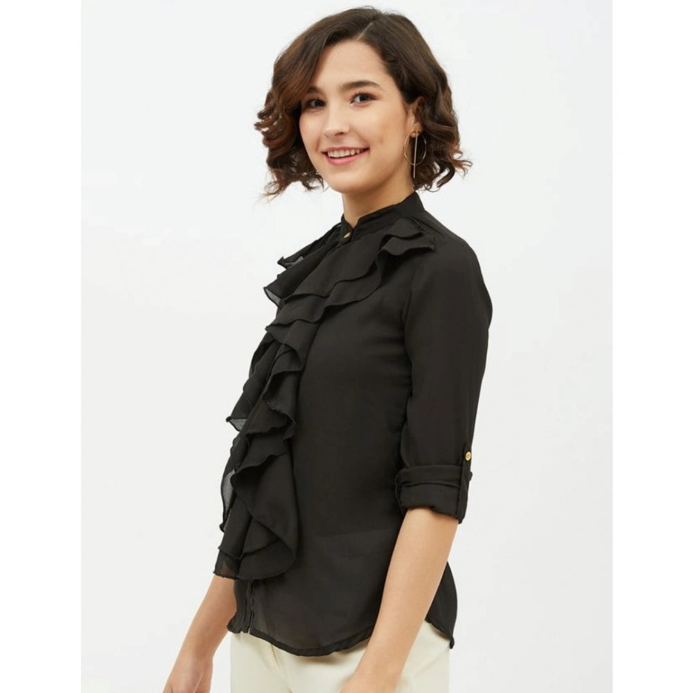 Amfyn Women's Polyester Ruffled Long Sleeves Standard Length Shirt (Black)