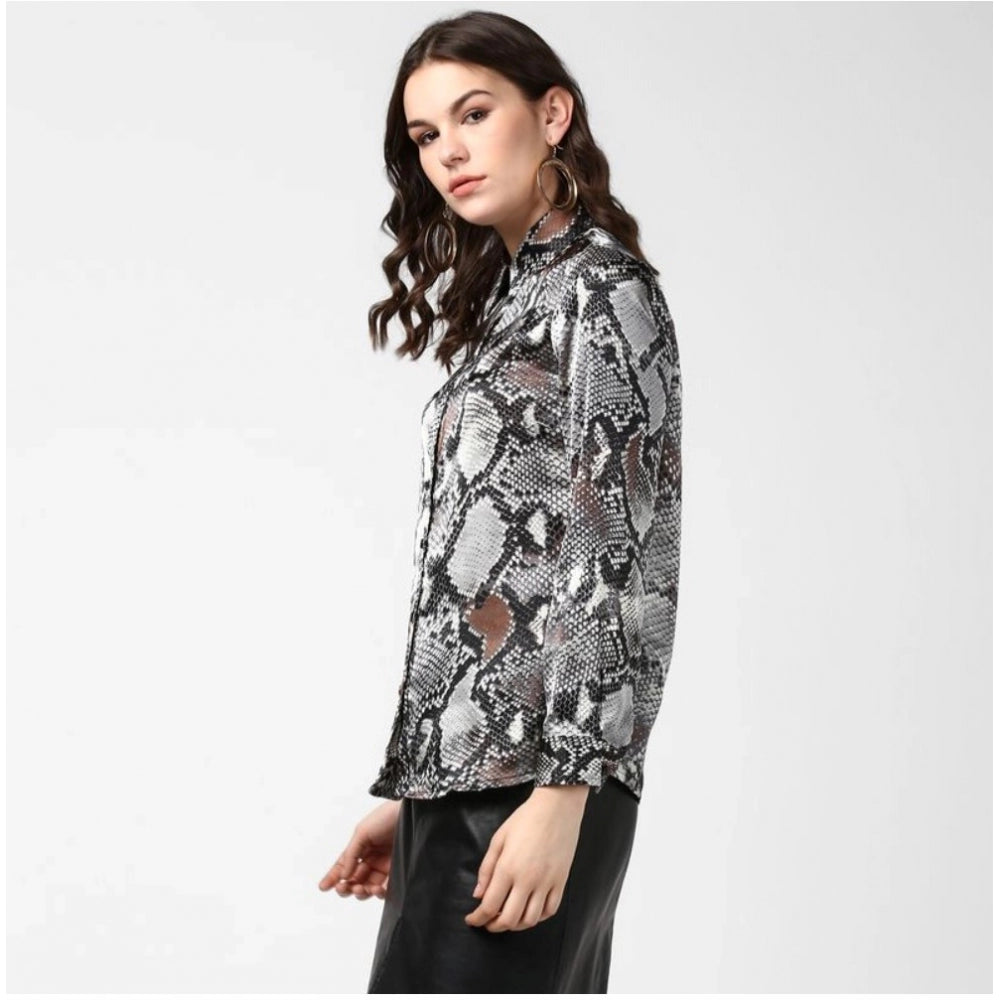 Amfyn Women's Satin Animal Print Long Sleeves Standard Length Shirt (Black - Grey)
