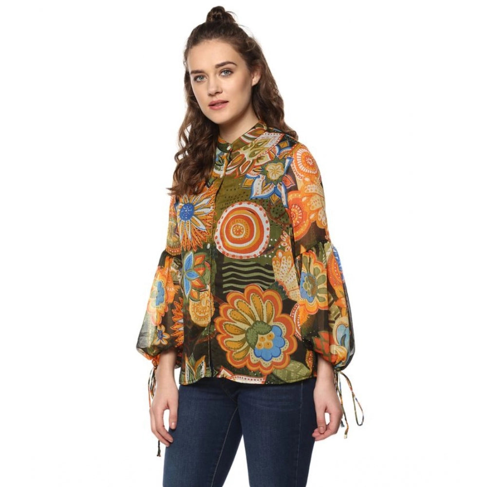 Amfyn Women's Polyester Floral Balloon Sleeve Top (Mustard - Olive)