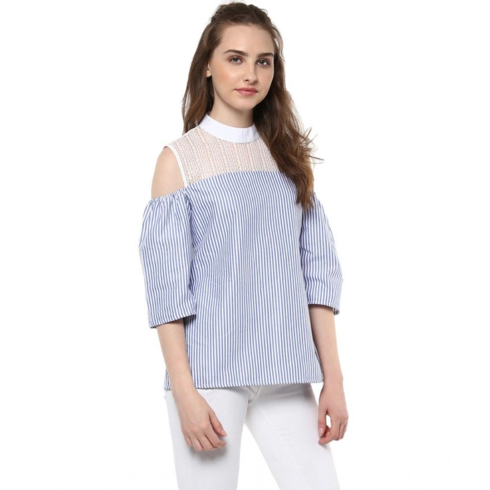 Amfyn Women's Cotton Striped Cold Shoulder Top (Blue)