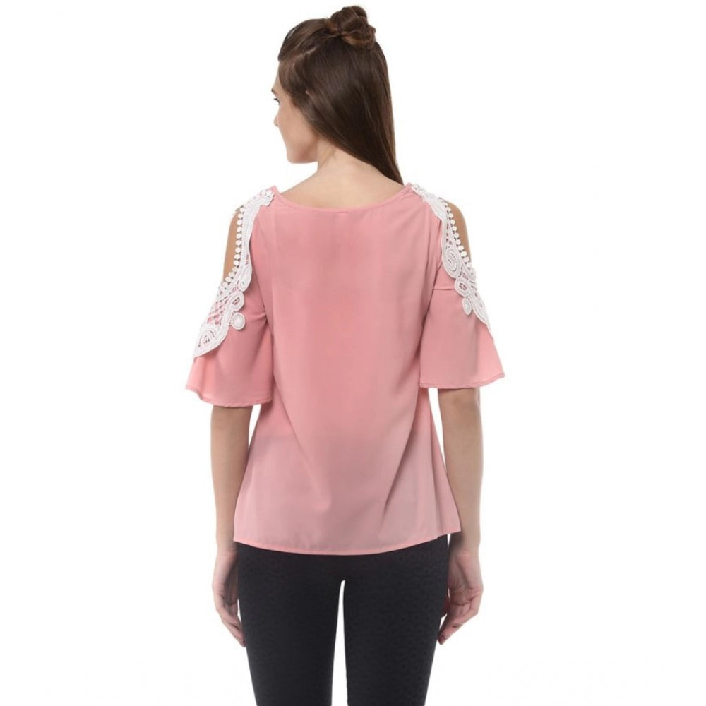 Amfyn Women's Polyester Lace Inserts Half Sleeve Top (Pink)