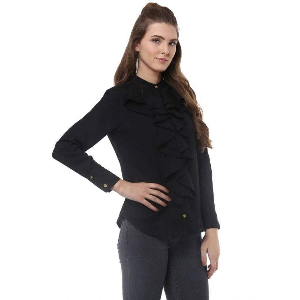 Amfyn Women's Polyester Ruffled Long Sleeves Top (Black)