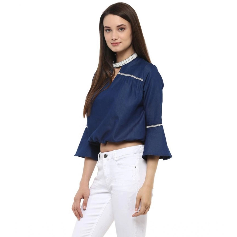 Amfyn Women's Polyester Solid Bell Sleeve Regular Top (Blue)