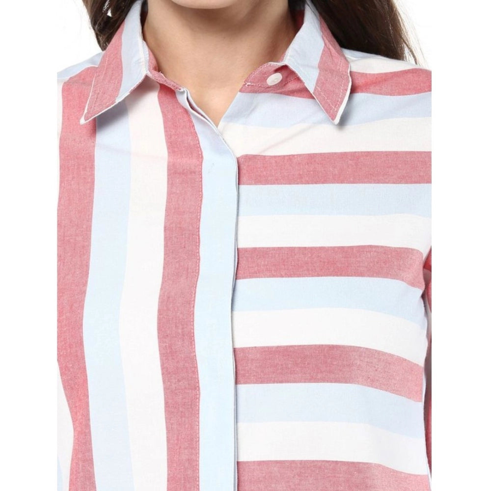 Amfyn Women's Cotton Striped Roll Up Sleeve Regular Top (Red)