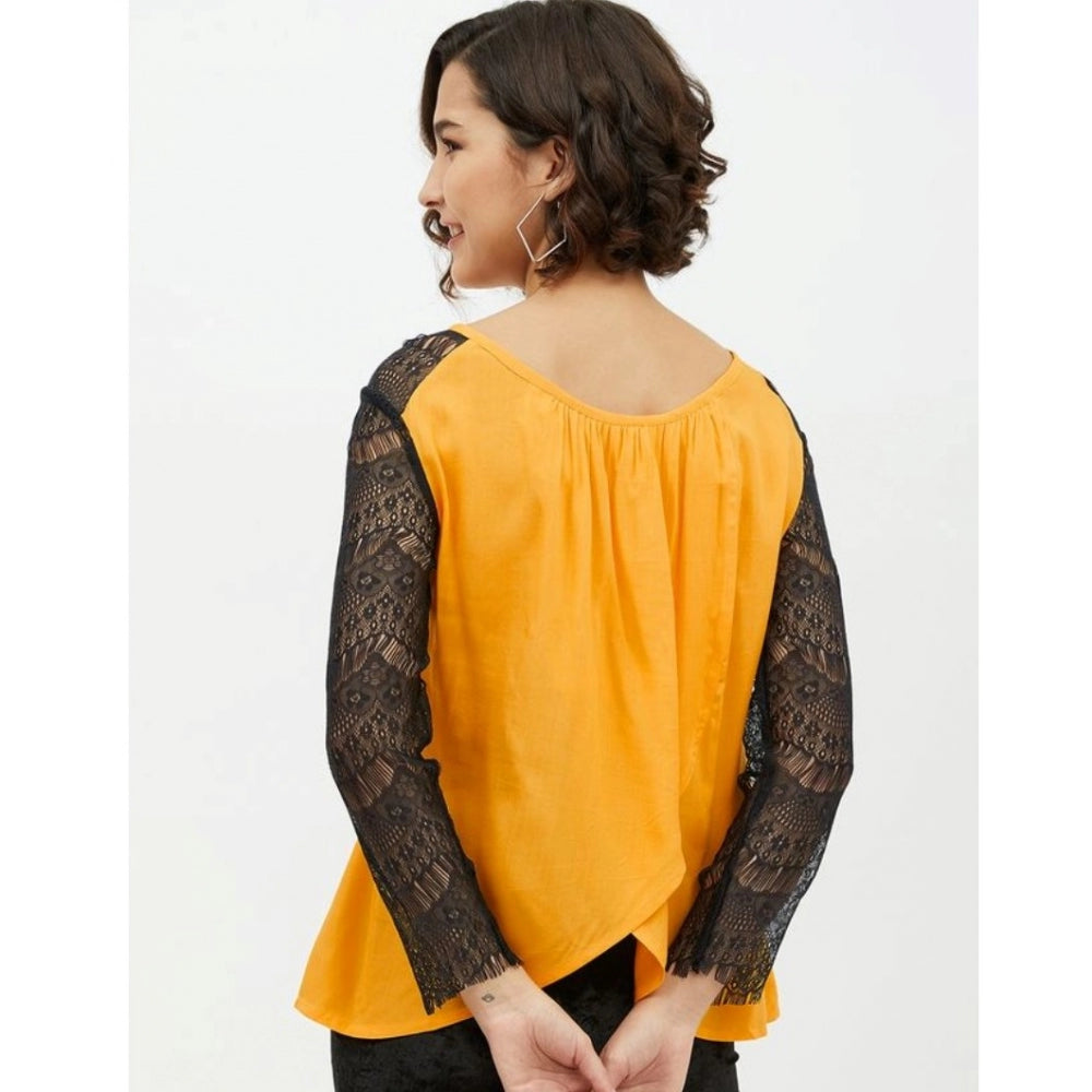 Amfyn Women's Rayon Lace Inserts Long Sleeves Top (Yellow)