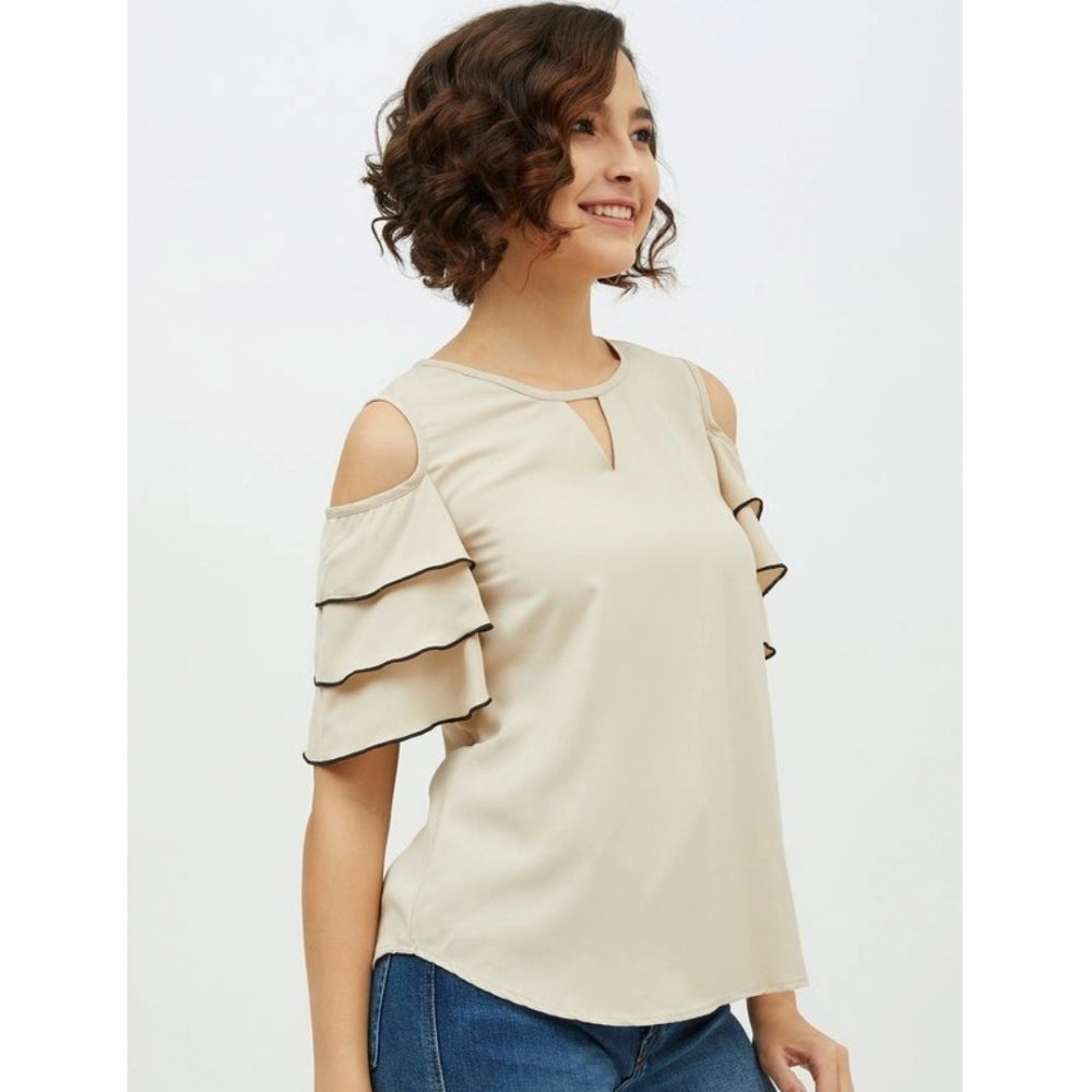 Amfyn Women's Polyester Tiered Cold Shoulder Top (Beige)