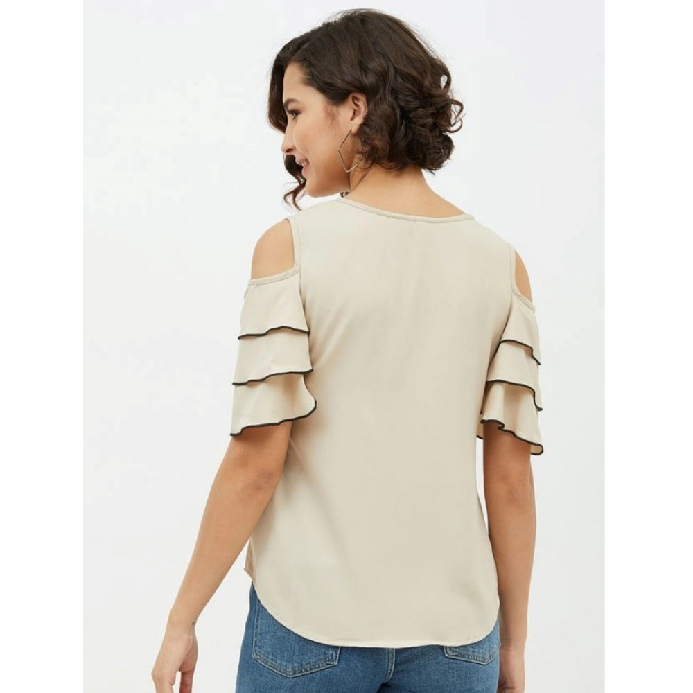 Amfyn Women's Polyester Tiered Cold Shoulder Top (Beige)