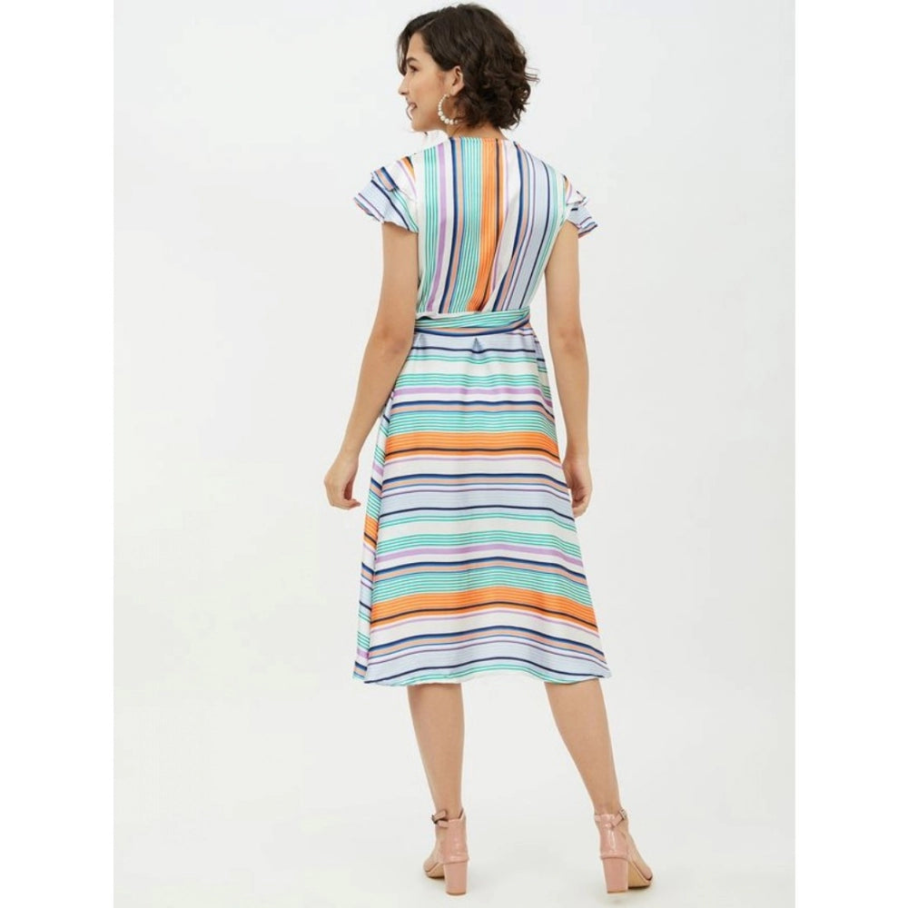Amfyn Women's Satin Striped Short Sleeve Knee-Length Dress (Multicolor)