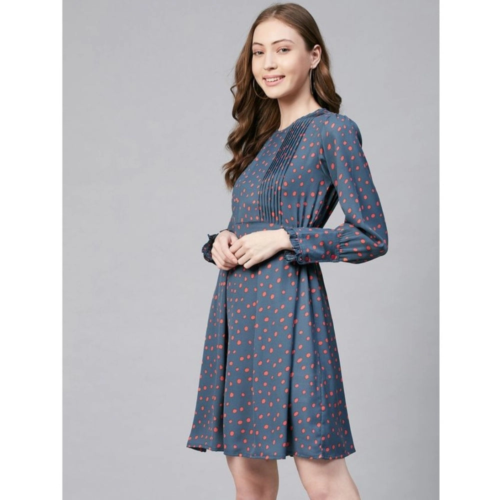 Amfyn Women's Polyester Polka Long Sleeves Above Knee Dress (Grey - Coral)