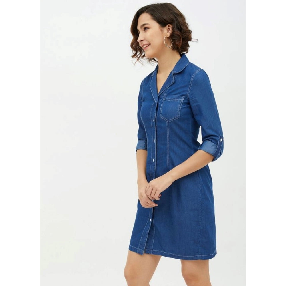 Amfyn Women's Denim Solid Long Sleeves Above Knee Dress (Blue)