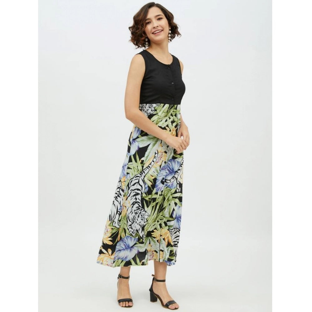 Amfyn Women's Rayon Floral Sleeveless Calf-length Dress (Multicolor)