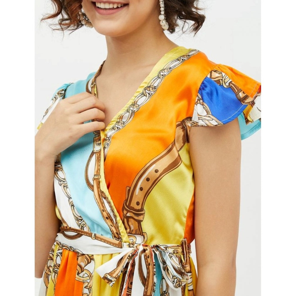 Amfyn Women's Satin Chain Print Cap Sleeve Calf-length Dress (Multicolor)
