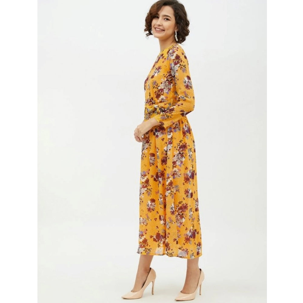 Amfyn Women's Polyester Floral Long Sleeves Calf-length Dress (Multicolor)