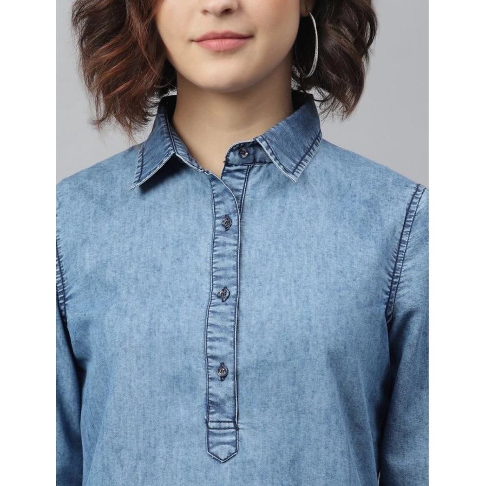 Amfyn Women's Denim Solid Long Sleeves Above Knee Dress (Ice Blue)