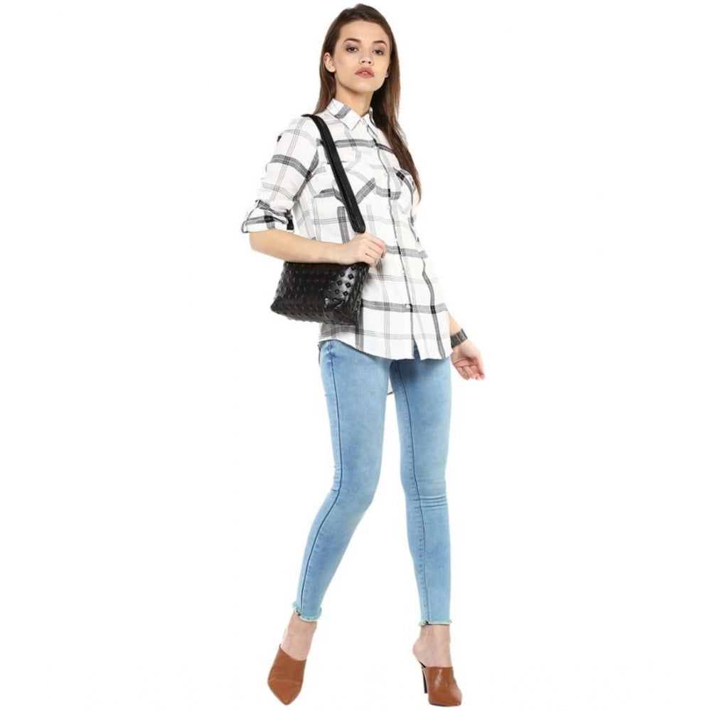 Amfyn Women's Rayon Checkered Long Sleeves Standard Length Shirt (Black - White)