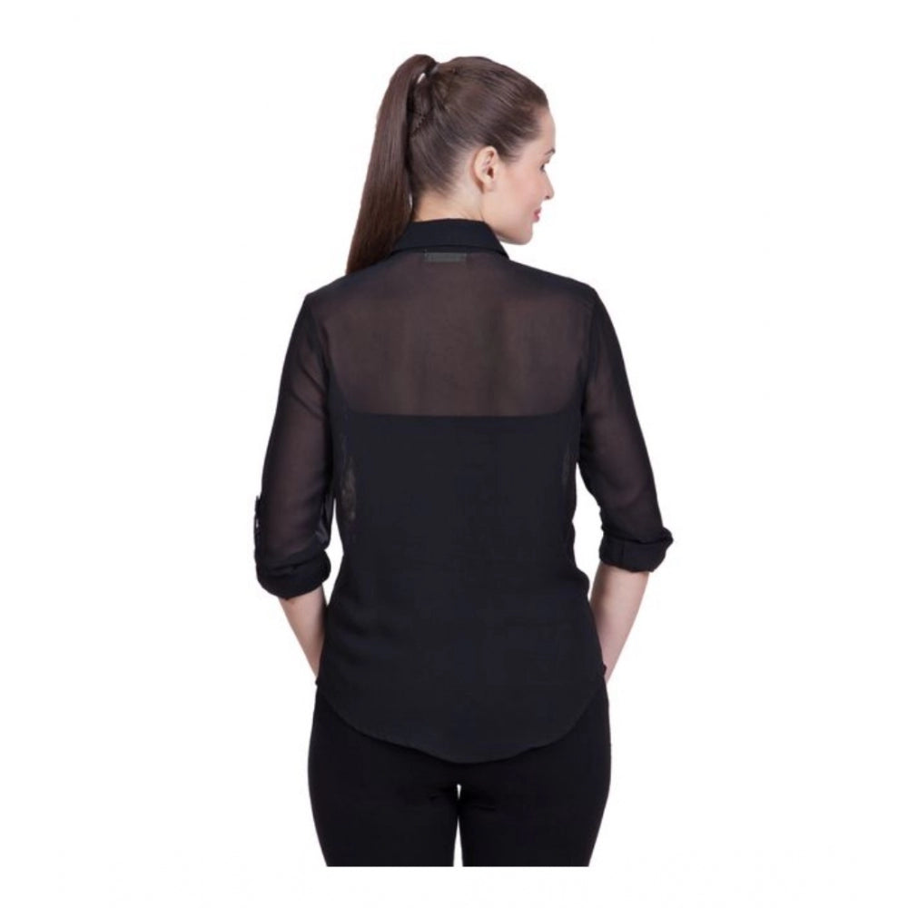 Amfyn Women's Polyester Printed Roll Up Sleeve Standard Length Shirt (Black)