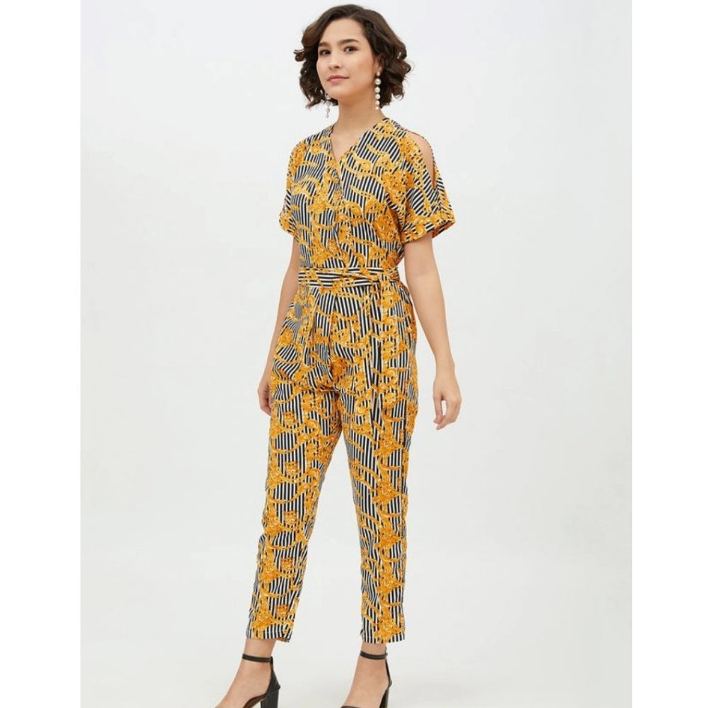 Amfyn Women's Polyester Printed Half Sleeve Long Jumpsuit (Yellow)
