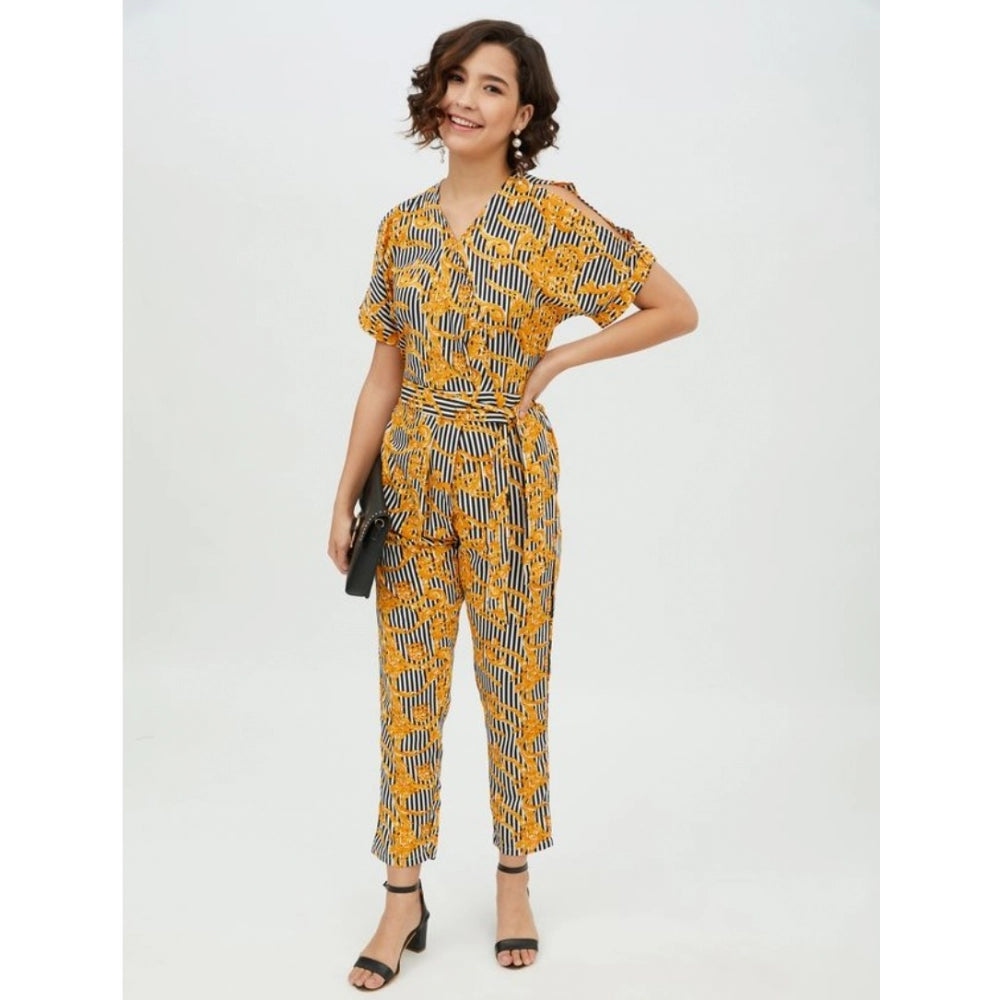 Amfyn Women's Polyester Printed Half Sleeve Long Jumpsuit (Yellow)