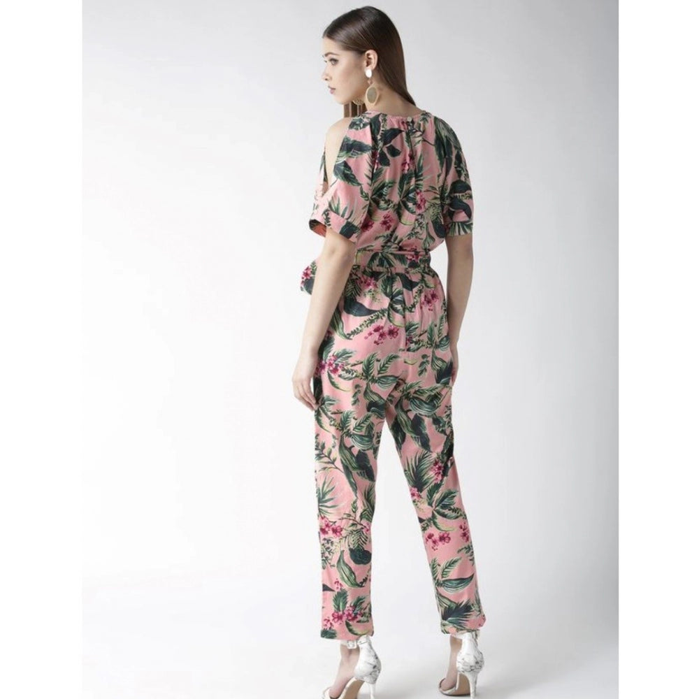 Amfyn Women's Polyester Floral Half Sleeve Jumpsuit (Pink)