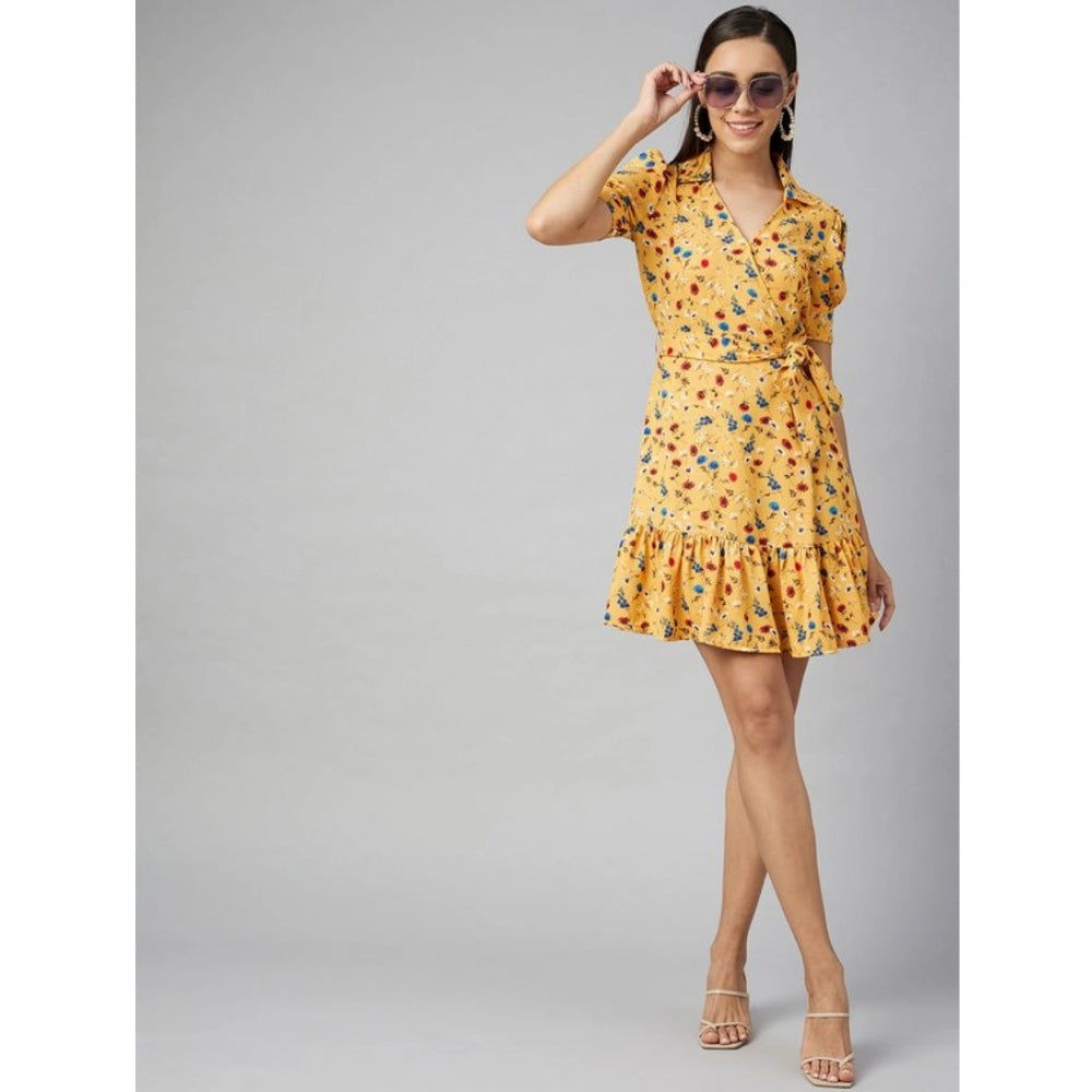 Amfyn Women's Polyester Floral Short Sleeve Above Knee Dress (Yellow)