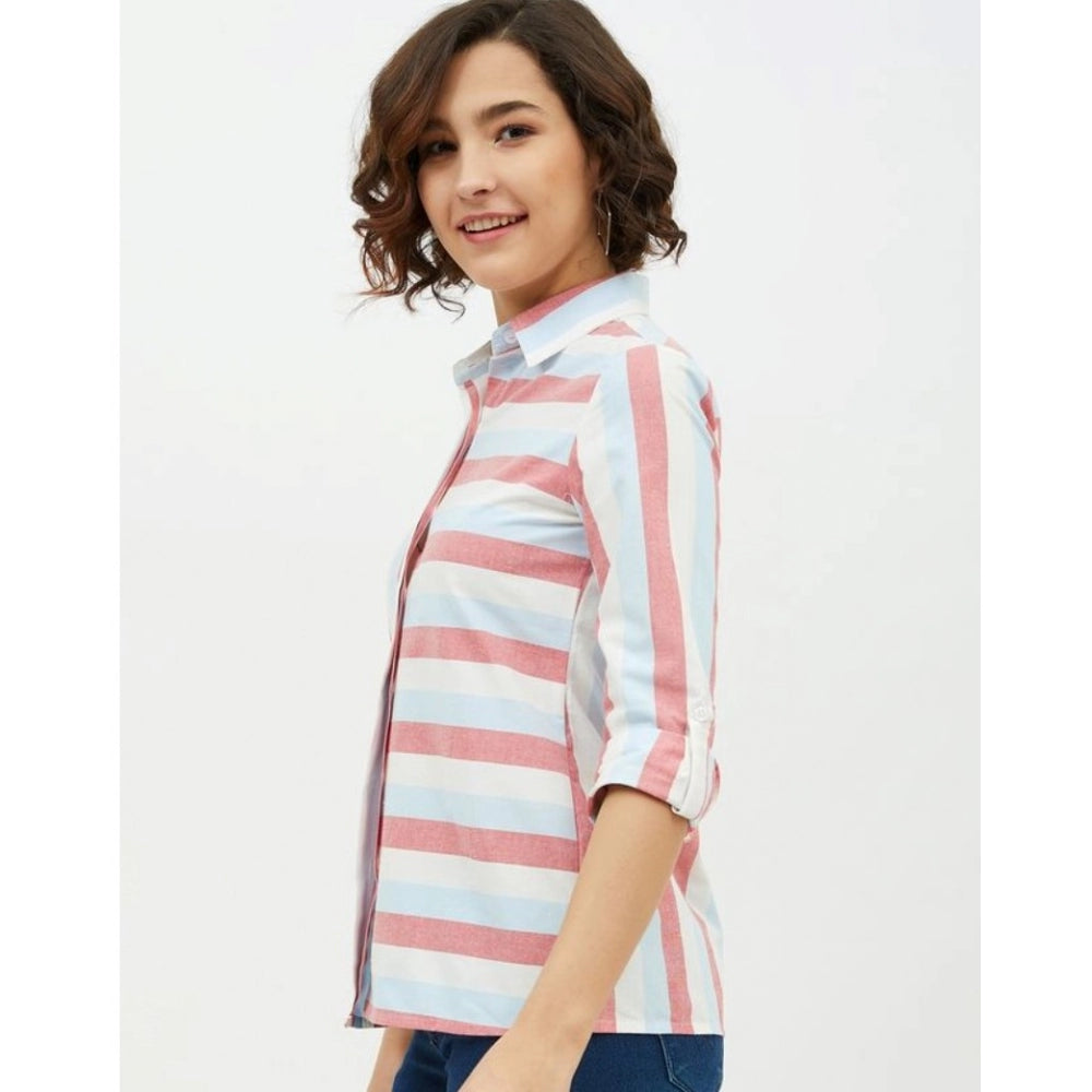 Amfyn Women's Cotton Striped Long Sleeves Standard Length Shirt (Pink)