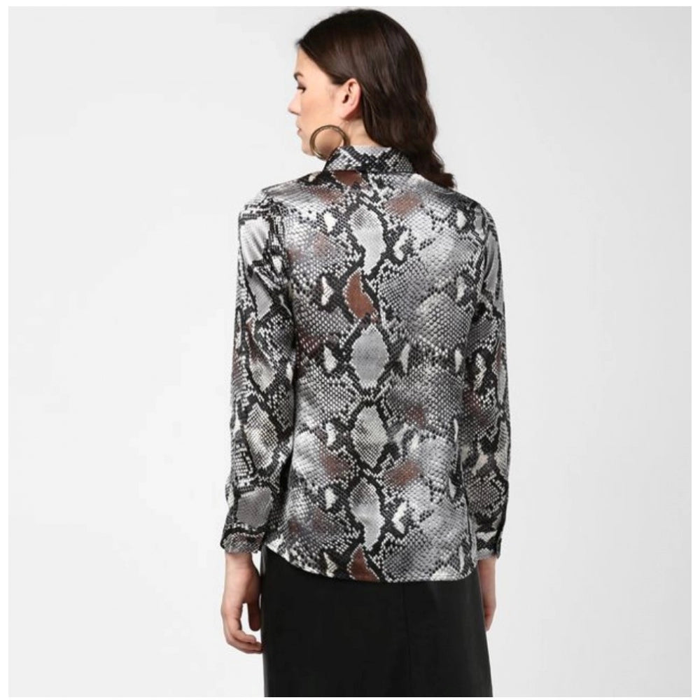 Amfyn Women's Satin Animal Print Long Sleeves Standard Length Shirt (Black - Grey)