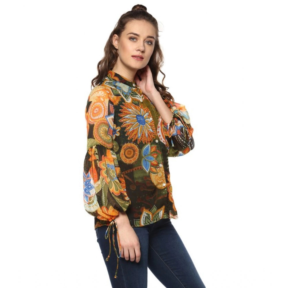 Amfyn Women's Polyester Floral Balloon Sleeve Top (Mustard - Olive)