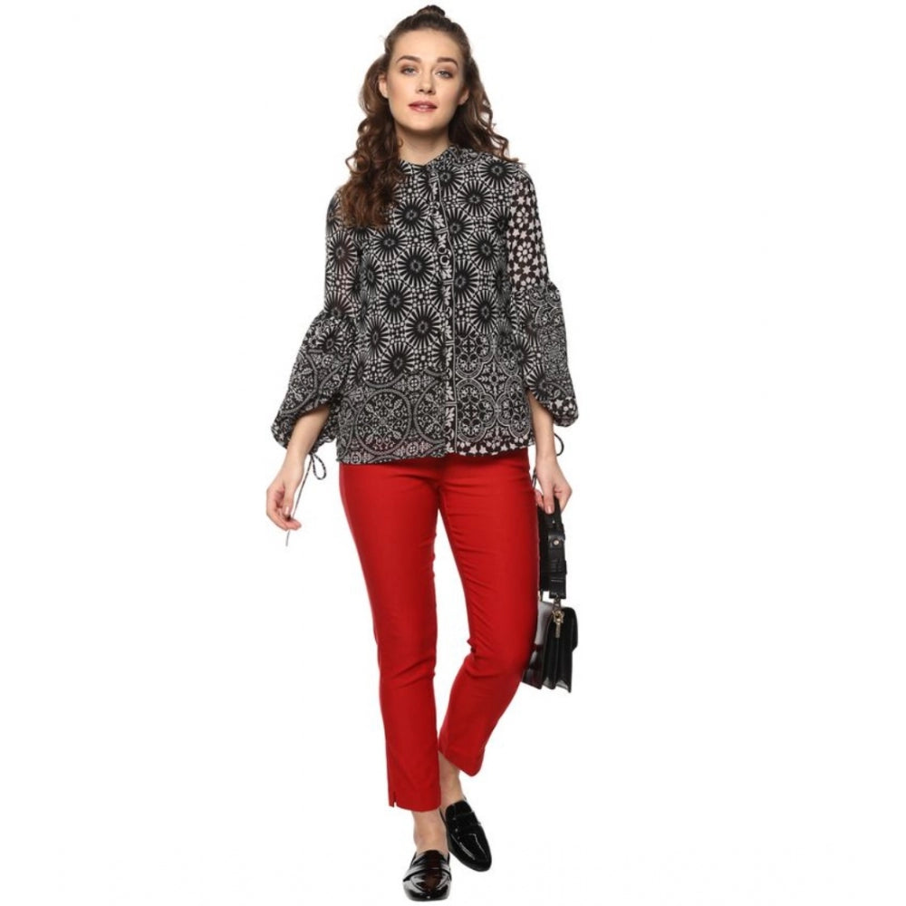 Amfyn Women's Polyester Printed Balloon Sleeve Top (Black - White)