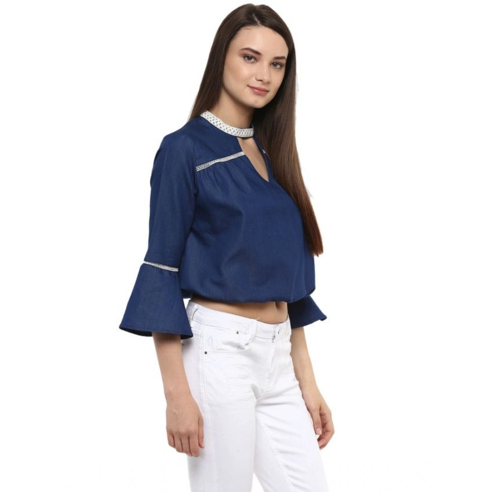 Amfyn Women's Polyester Solid Bell Sleeve Regular Top (Blue)