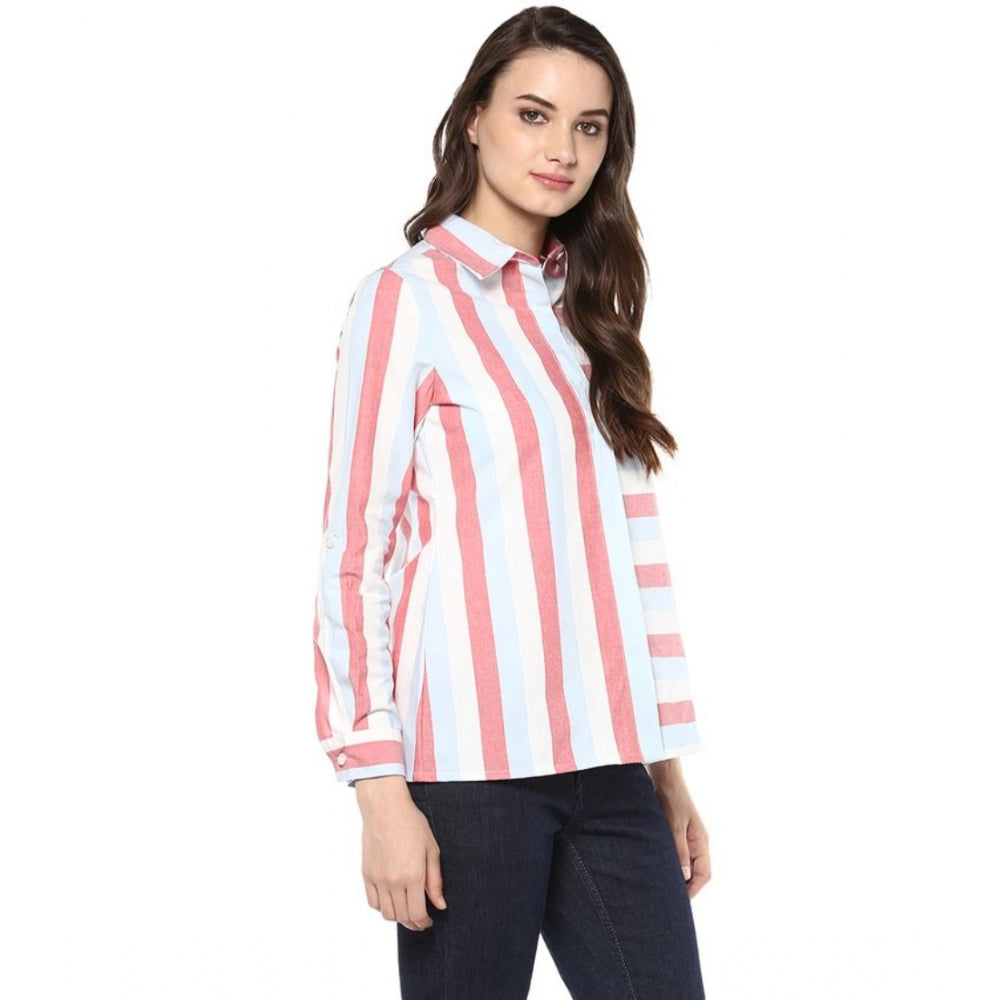 Amfyn Women's Cotton Striped Roll Up Sleeve Regular Top (Red)