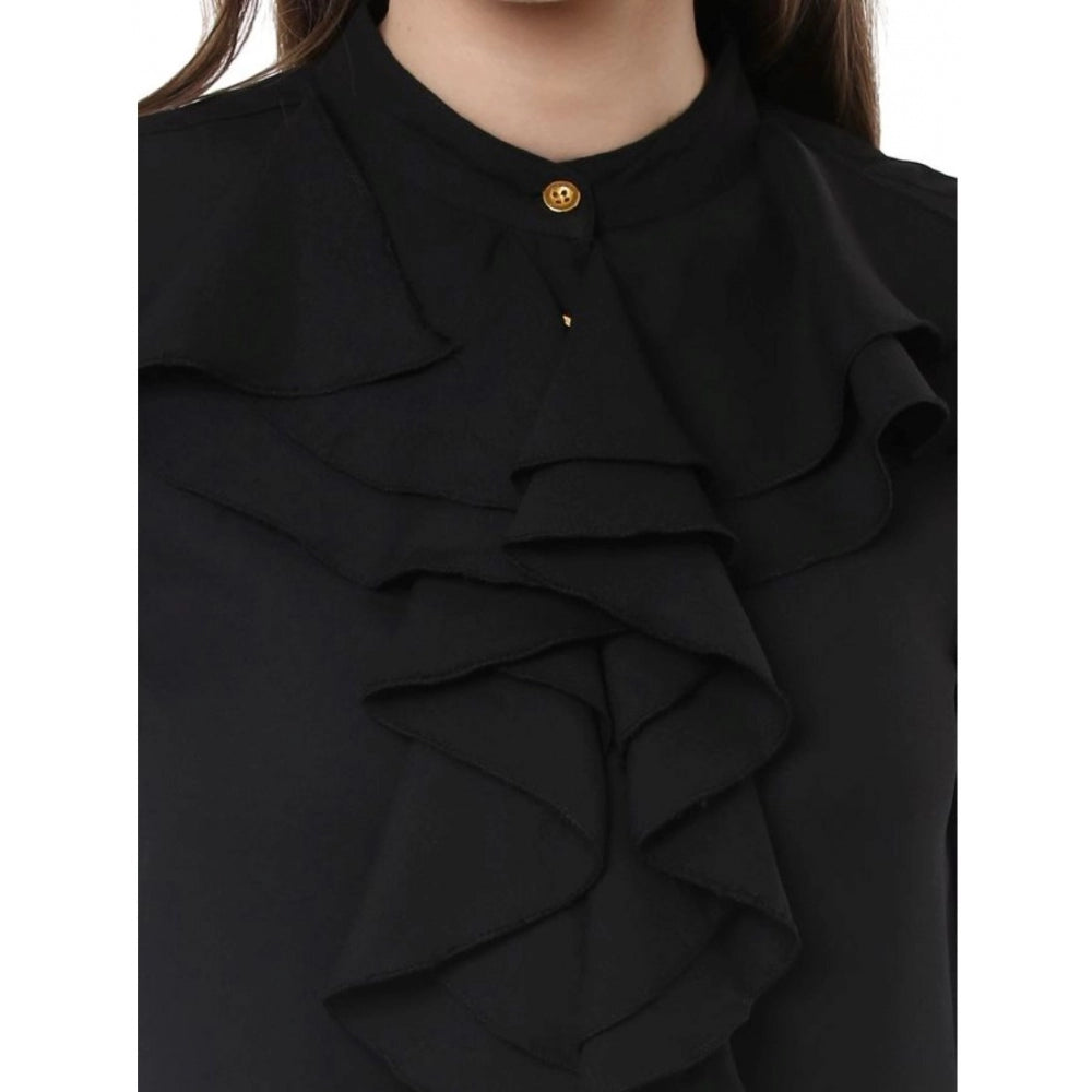Amfyn Women's Polyester Ruffled Long Sleeves Top (Black)
