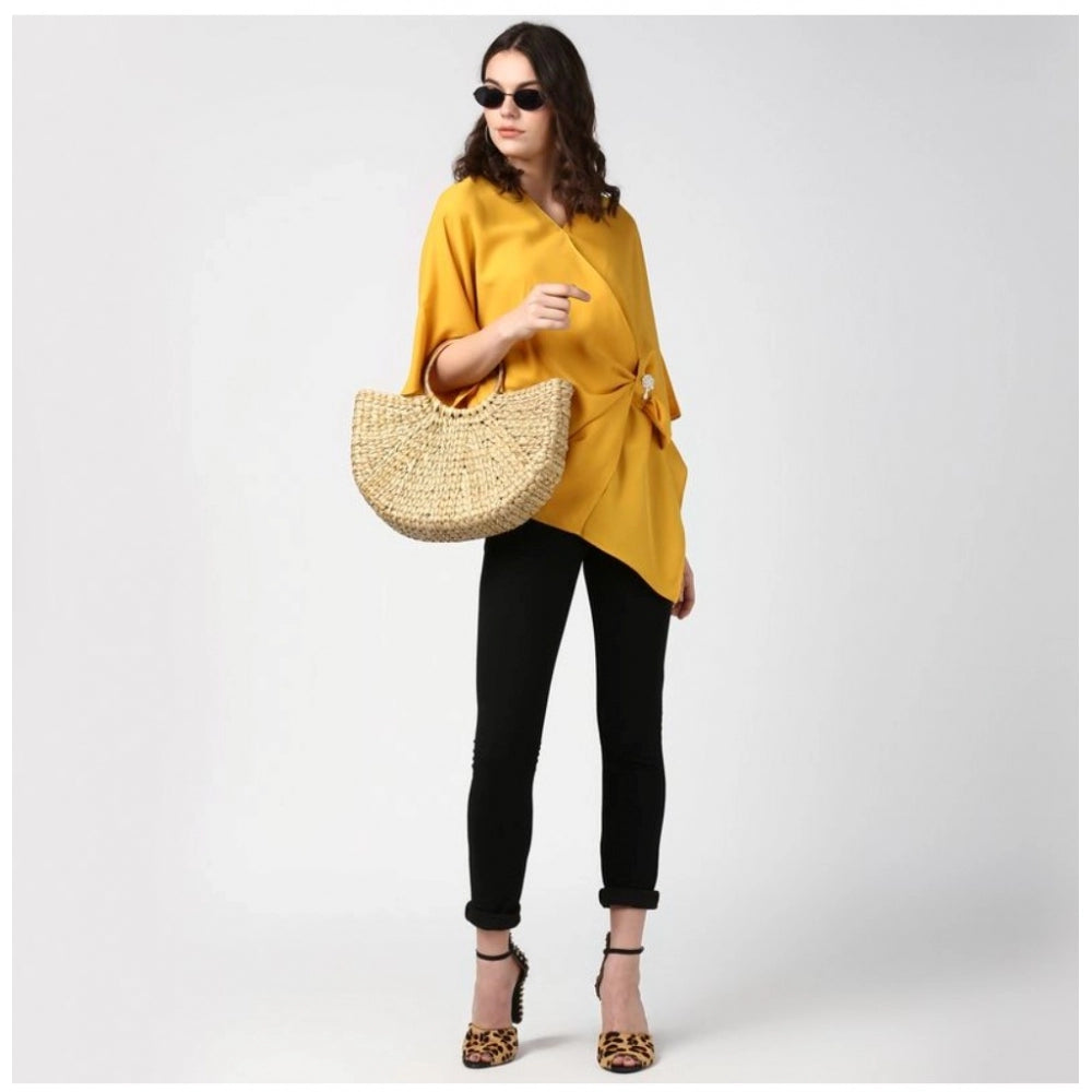Amfyn Women's Polyester Solid Cape Sleeve Top (Yellow)