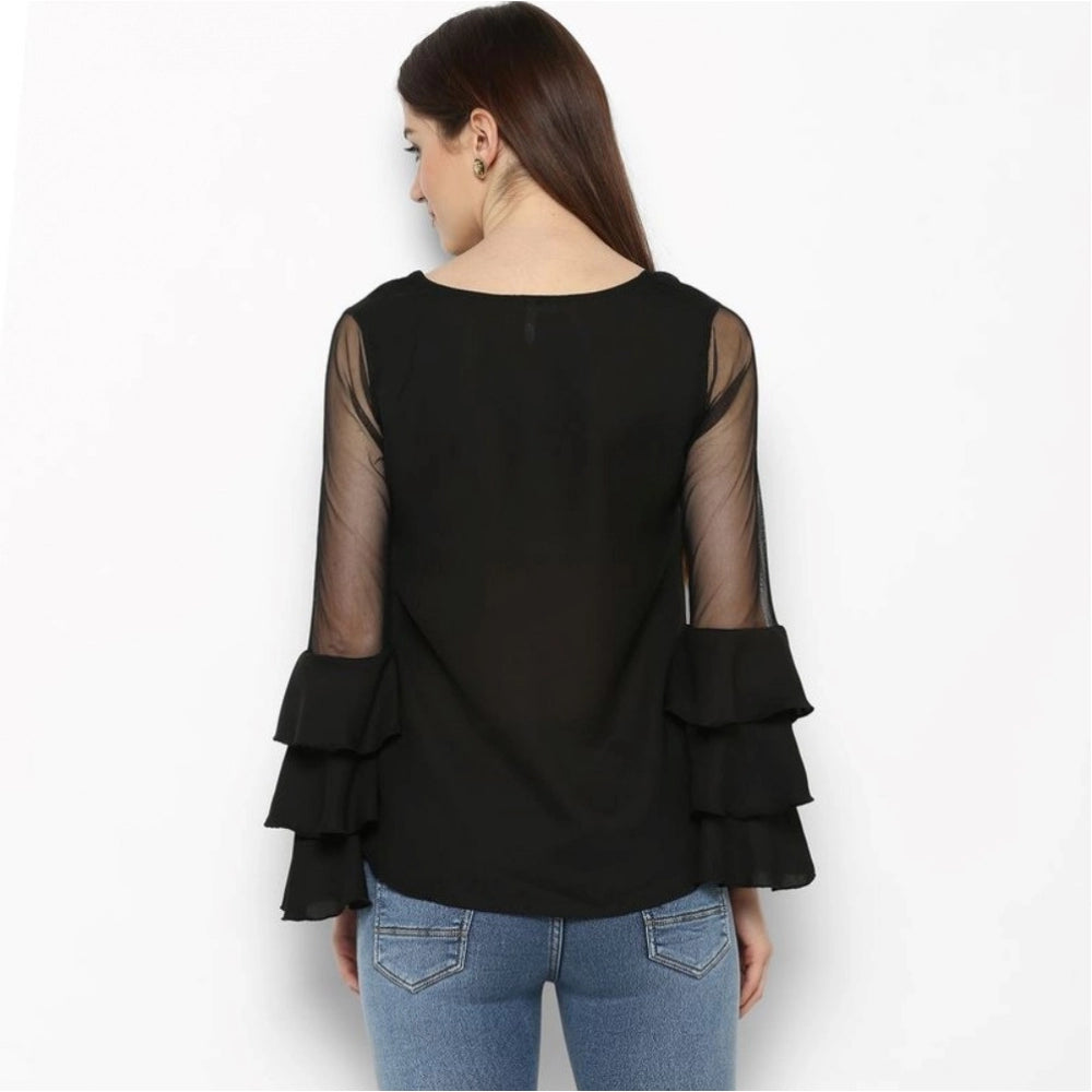 Amfyn Women's Polyester Solid Tier Sleeve Top (Black)
