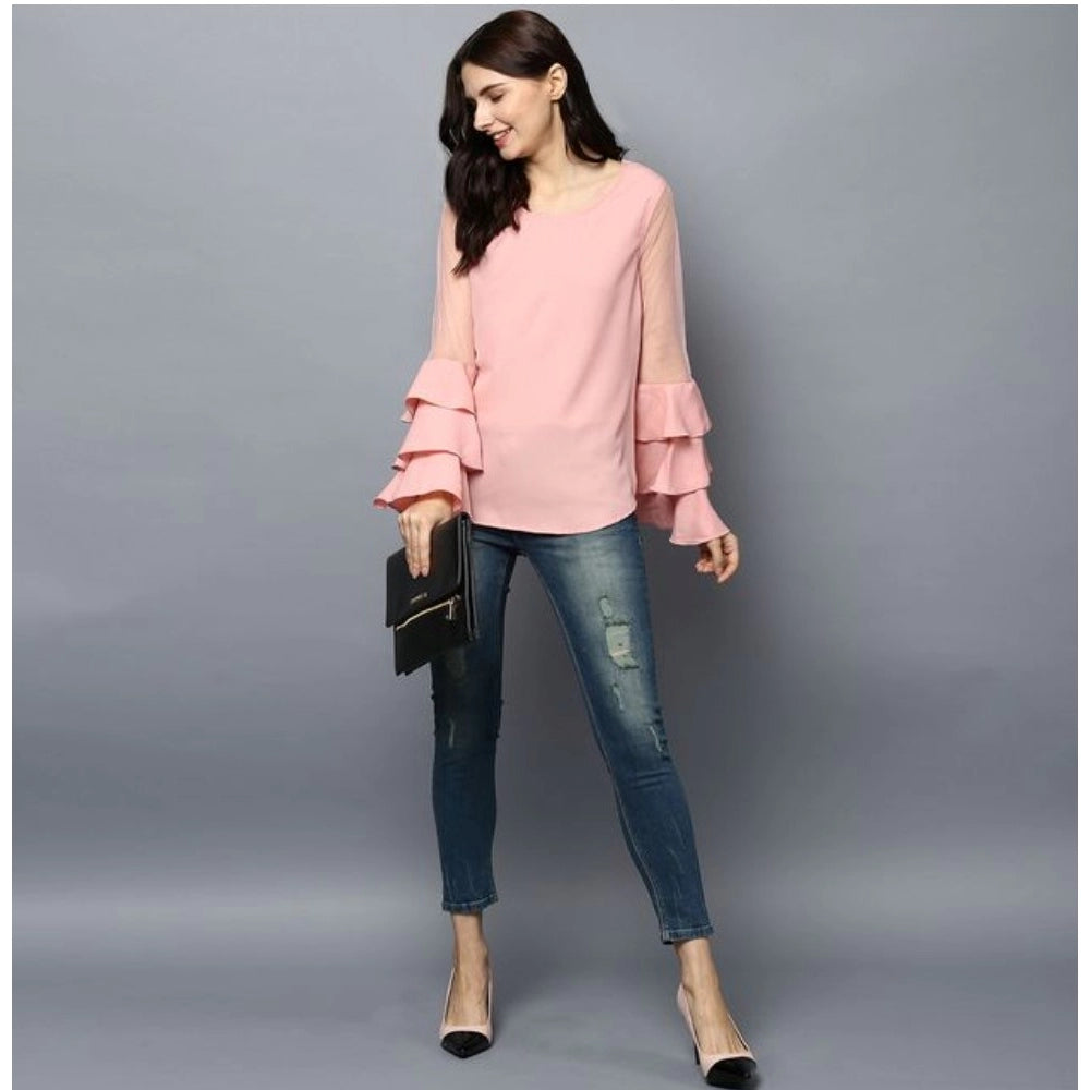Amfyn Women's Polyester Solid Tier Sleeve Top (Pink)