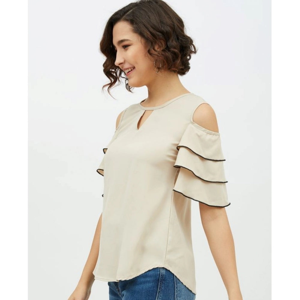 Amfyn Women's Polyester Tiered Cold Shoulder Top (Beige)