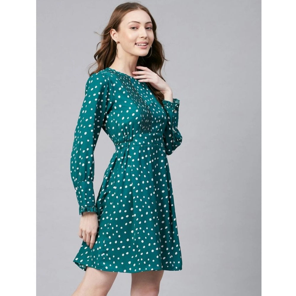 Amfyn Women's Polyester Polka Long Sleeves Above Knee Dress (Green - White)