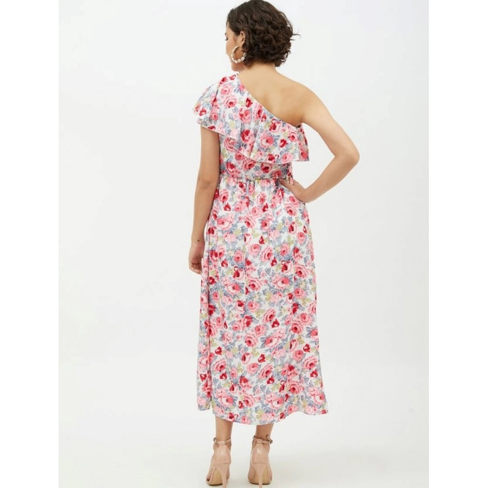 Amfyn Women's Polyester Floral One Shoulder Calf-length Dress (Multicolor)