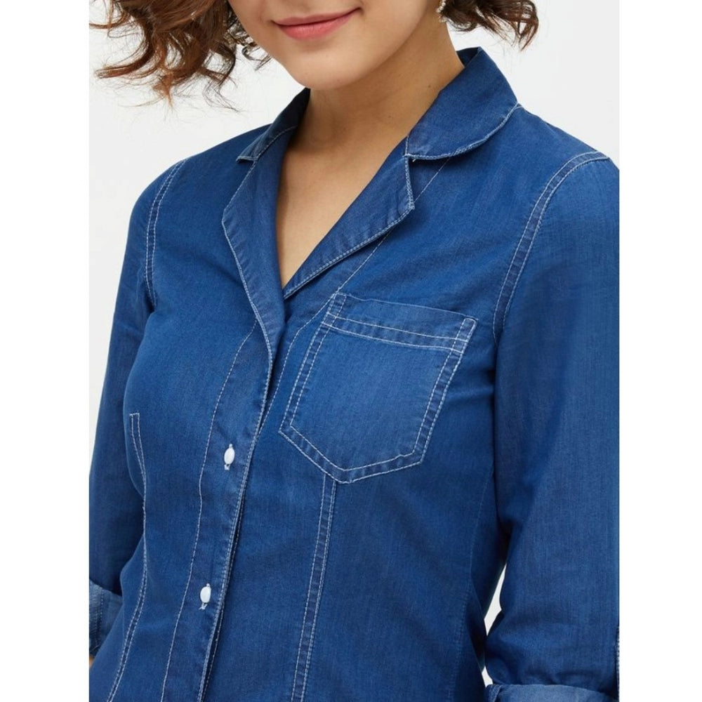 Amfyn Women's Denim Solid Long Sleeves Above Knee Dress (Blue)