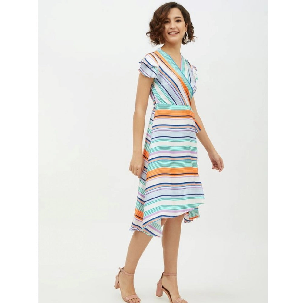 Amfyn Women's Satin Striped Short Sleeve Knee-Length Dress (Multicolor)