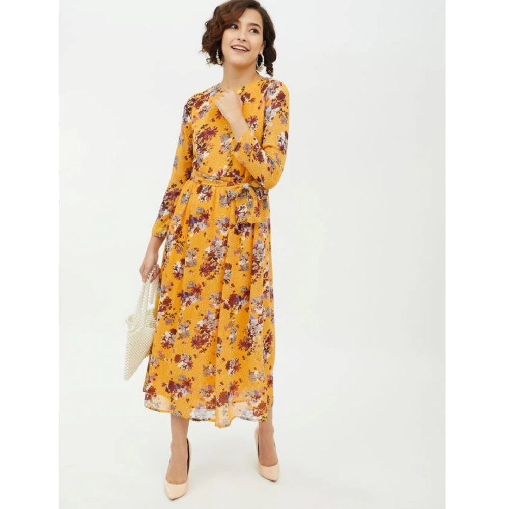 Amfyn Women's Polyester Floral Long Sleeves Calf-length Dress (Multicolor)
