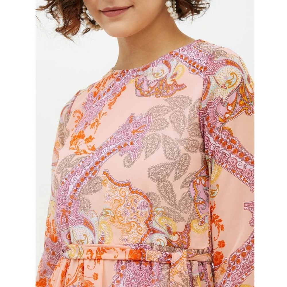 Amfyn Women's Polyester Printed Long Sleeves Calf-length Dress (Multicolor)
