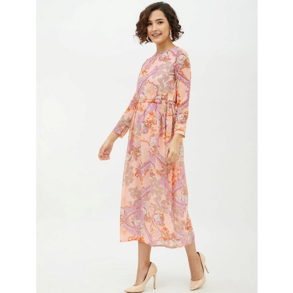 Amfyn Women's Polyester Printed Long Sleeves Calf-length Dress (Multicolor)