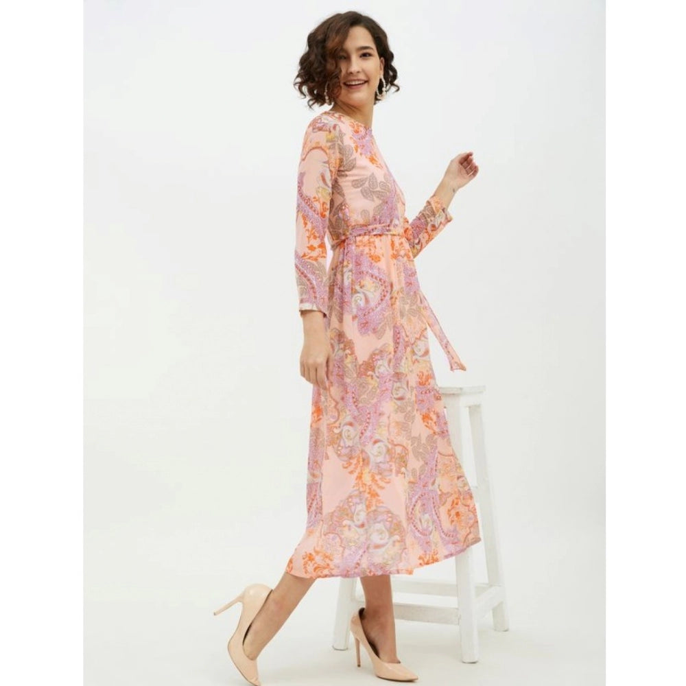 Amfyn Women's Polyester Printed Long Sleeves Calf-length Dress (Multicolor)